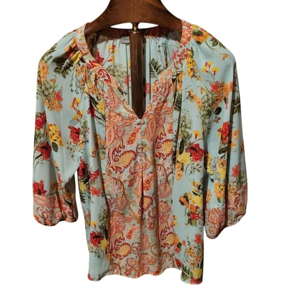 Figueroa & Flower Blue V Neck Boho Floral & Paisley Tunic Style Shirt Size XL - Picture 1 of 7